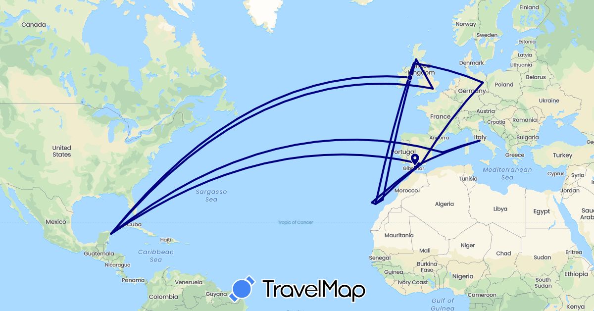 TravelMap itinerary: driving in Germany, Spain, United Kingdom, Ireland, Italy, Mexico (Europe, North America)